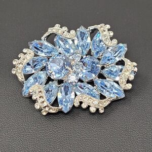 Vintage 60's Signed Eisenberg Brooch Pin Ice Blue Double Flower Silver Ribbon